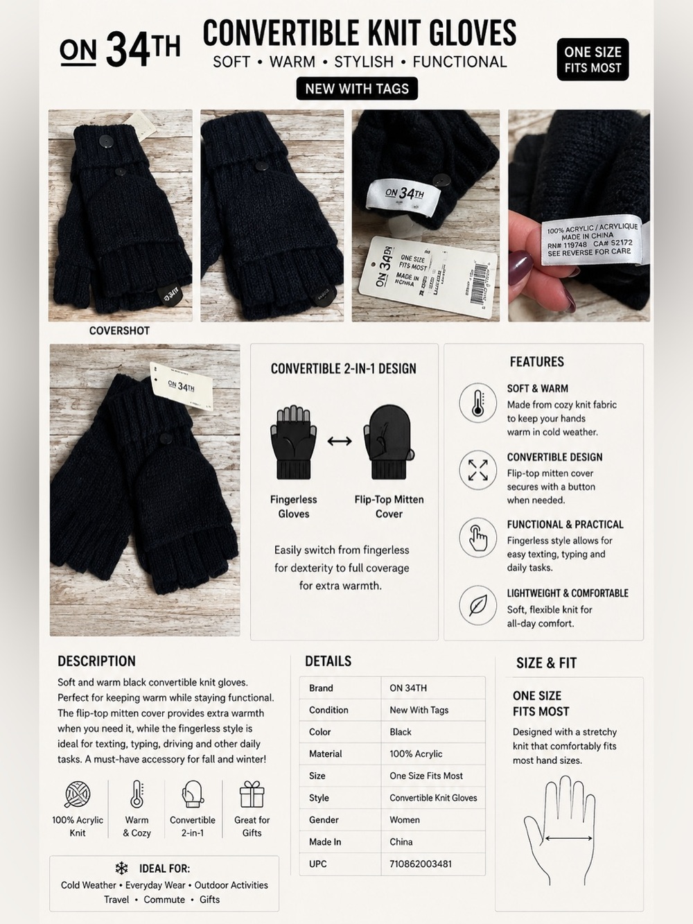 ON 34th NWT Black Convertible Knit Gloves NEW ONE SIZE